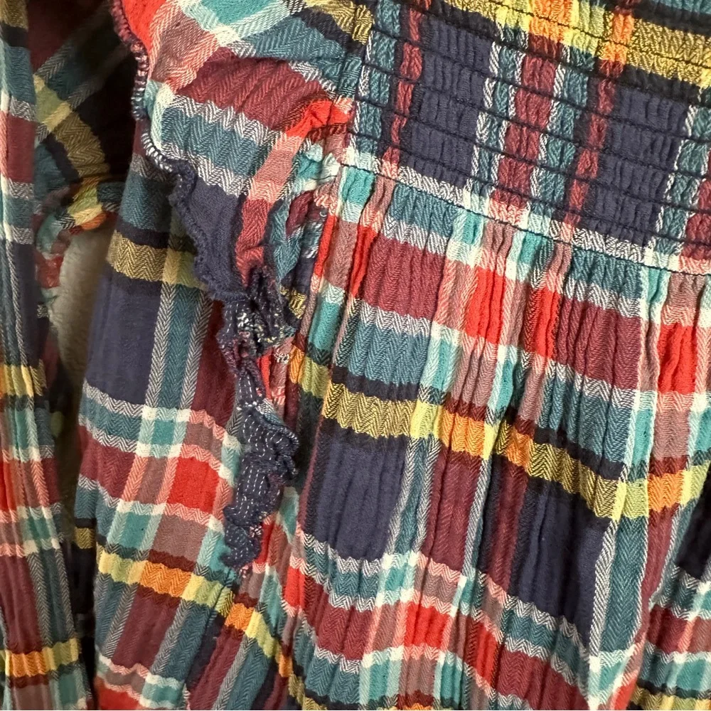 Free People Navy Sienna Plaid Long Sleeve Top‎ Sz Medium